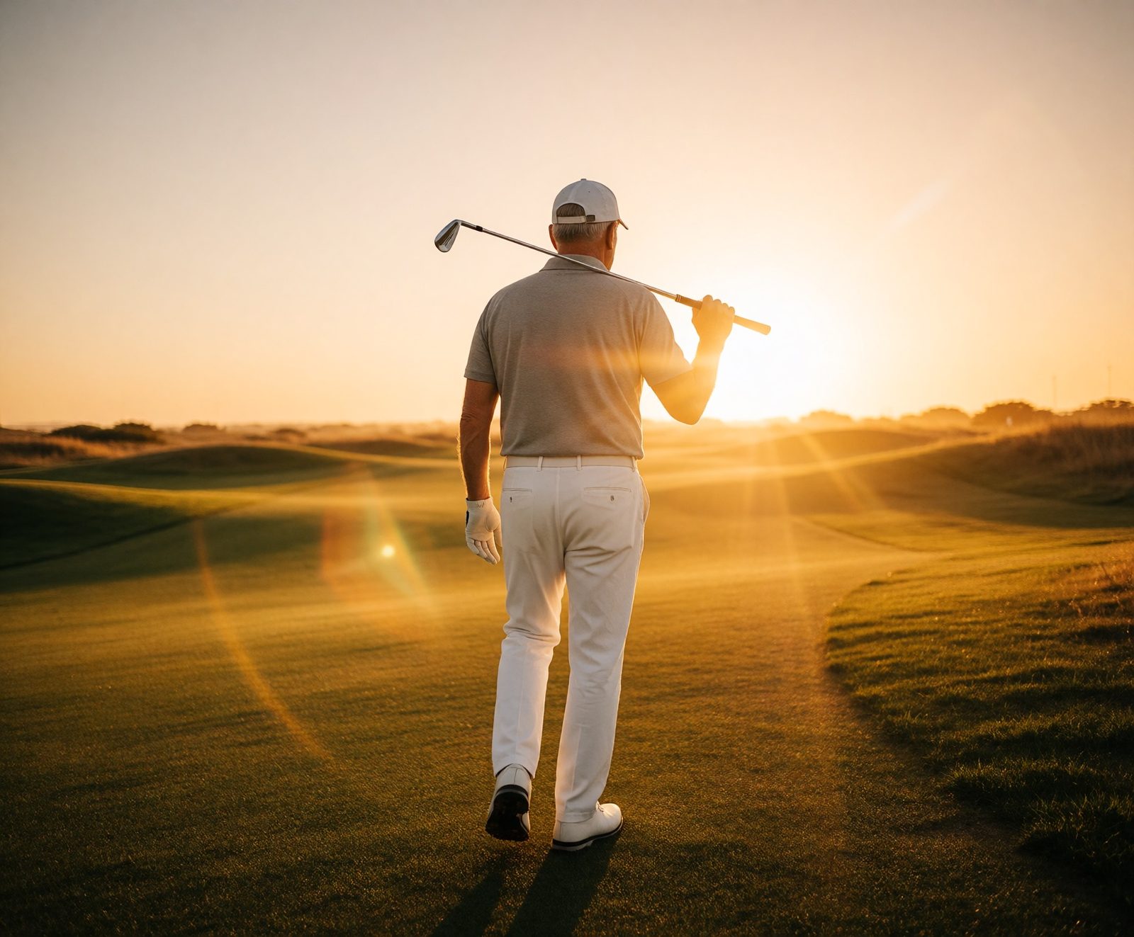 Golfista na hřišti při západu slunce